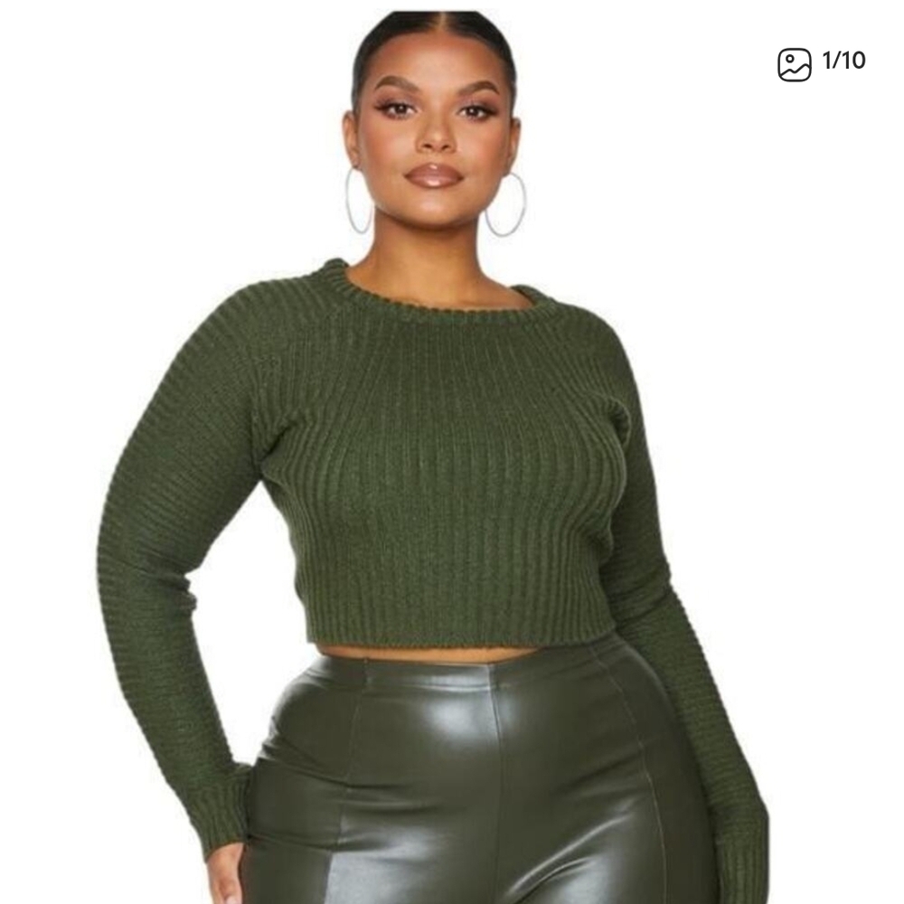 PrettyLittleThing Dark Green Ribbed Sweater